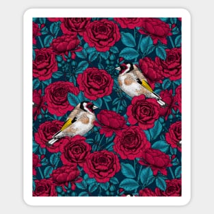 Red rose flowers and goldfinch birds Sticker